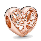 925 Silver Charm Rose Sparkling Family Tree Lock Heart Beads