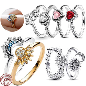 925 Silver Red Zircon Heart Ring Moon Sun Light Charm Jewelry