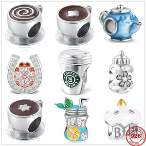 925 Silver Coffee Baby Bottle Charm Bead Pendant Bracelets DIY Jewelry