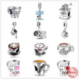 925 Silver Coffee Cups & Machines Charm Beads for Bracelet DIY Jewelry Gift