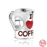 925 Silver Coffee Cups & Machines Charm Beads for Bracelet DIY Jewelry Gift