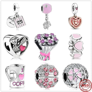 925 Silver Elephant Pendant Pink Heart Clip Charm Bead