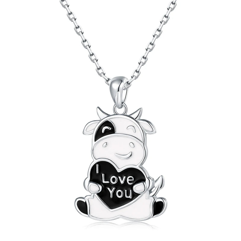 925 Sterling Silver Cow Enamel Pendant Necklace Jewelry for Women Girl