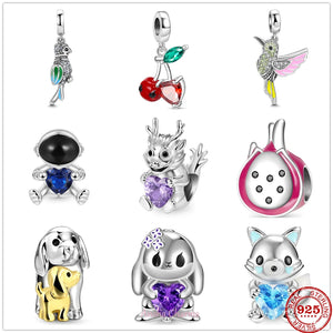 925 Silver Rabbit Dog Bird Charm Bead Pendant Bracelets DIY Jewelry