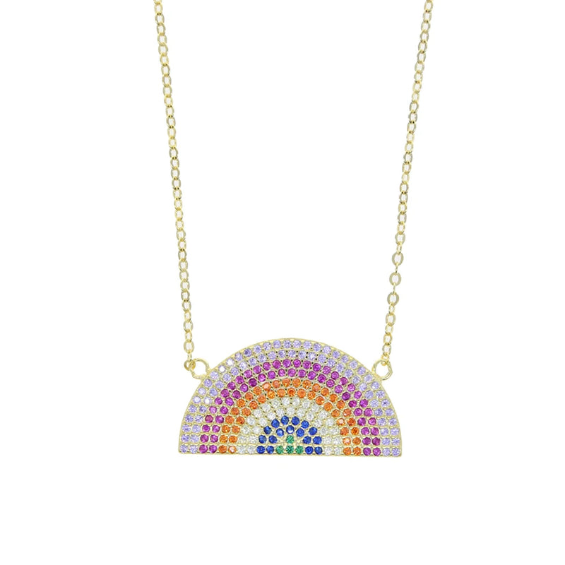 925 Silver Cz Rainbow Pendant Necklace Colorful Zircon Charm Choker