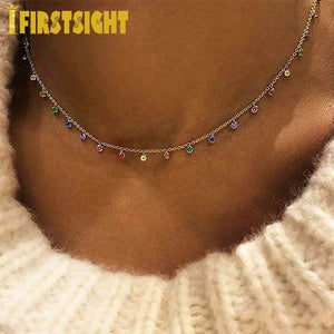 925 Silver Chandalier Necklace CZ Drip Delicate Rainbow Cz Choker