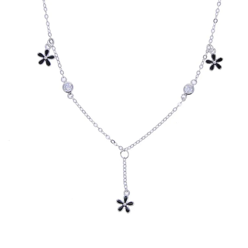 925 Silver Daisy Flower Charm Choker CZ Enamel Necklace