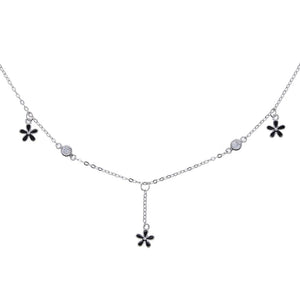 925 Silver Daisy Flower Charm Choker CZ Enamel Necklace