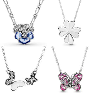 925 Silver Pink Butterfly Pansy Flower Necklace DIY Jewelry