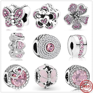 925 Silver Pink Butterfly Zirconia Bead for Bracelet Pendant Jewelry