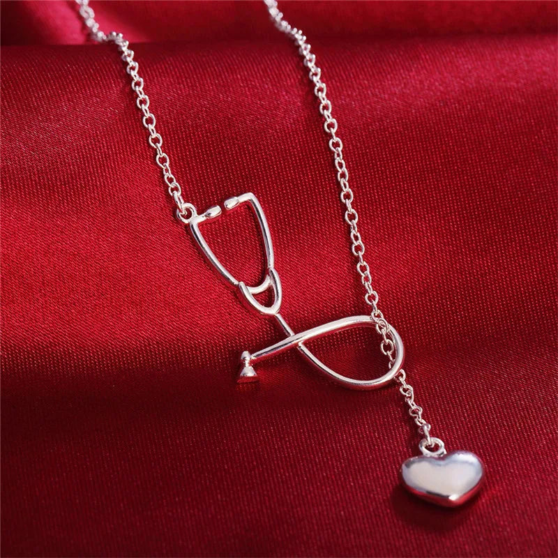 925 Silver Stethoscope Pendant Necklace Heart Doctor Nurse Medical Women Gift