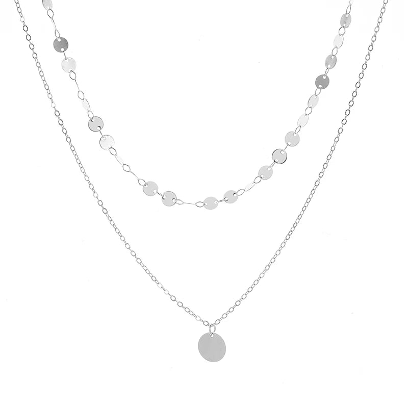 925 Silver Double Layer Necklace Round Pendant Collarbone Chain Choker