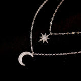 925 Silver Star Moon Pendant Necklace Double Layers Clavicle Chain Choker