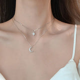 925 Silver Star Moon Pendant Necklace Double Layers Clavicle Chain Choker