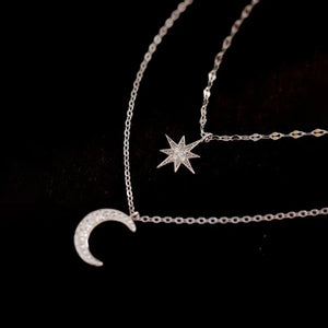 925 Silver Star Moon Pendant Necklace Double Layers Clavicle Chain Choker