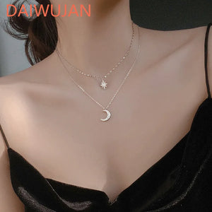 925 Silver Star Moon Pendant Necklace Double Layers Clavicle Chain Choker
