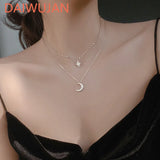 925 Silver Star Moon Pendant Necklace Double Layers Clavicle Chain Choker