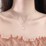 925 Silver Star Moon Pendant Necklace Double Layers Clavicle Chain Choker