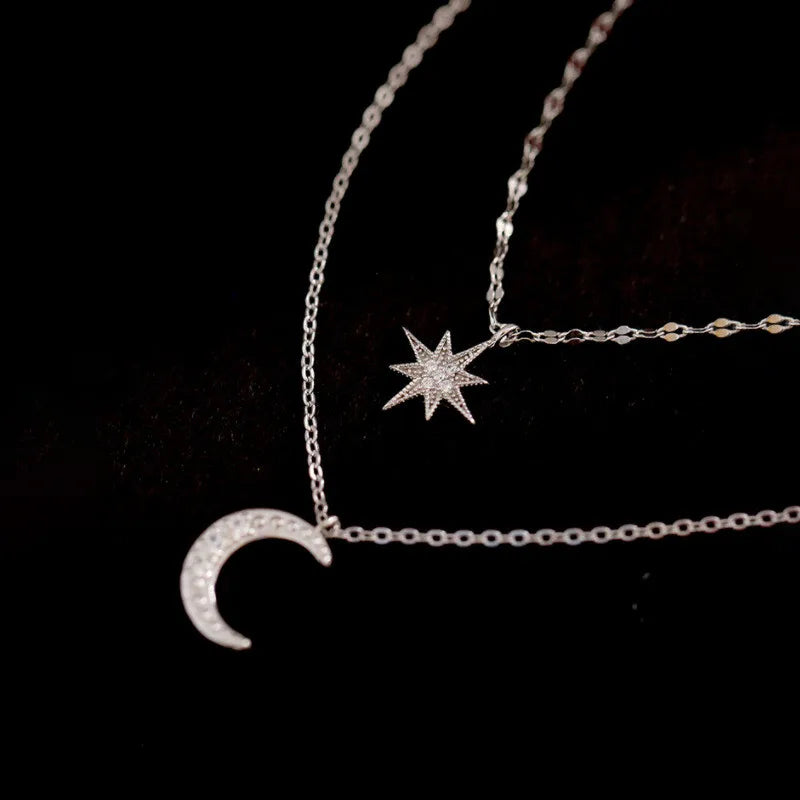 925 Silver Star Moon Pendant Necklace Double Layers Clavicle Chain Choker