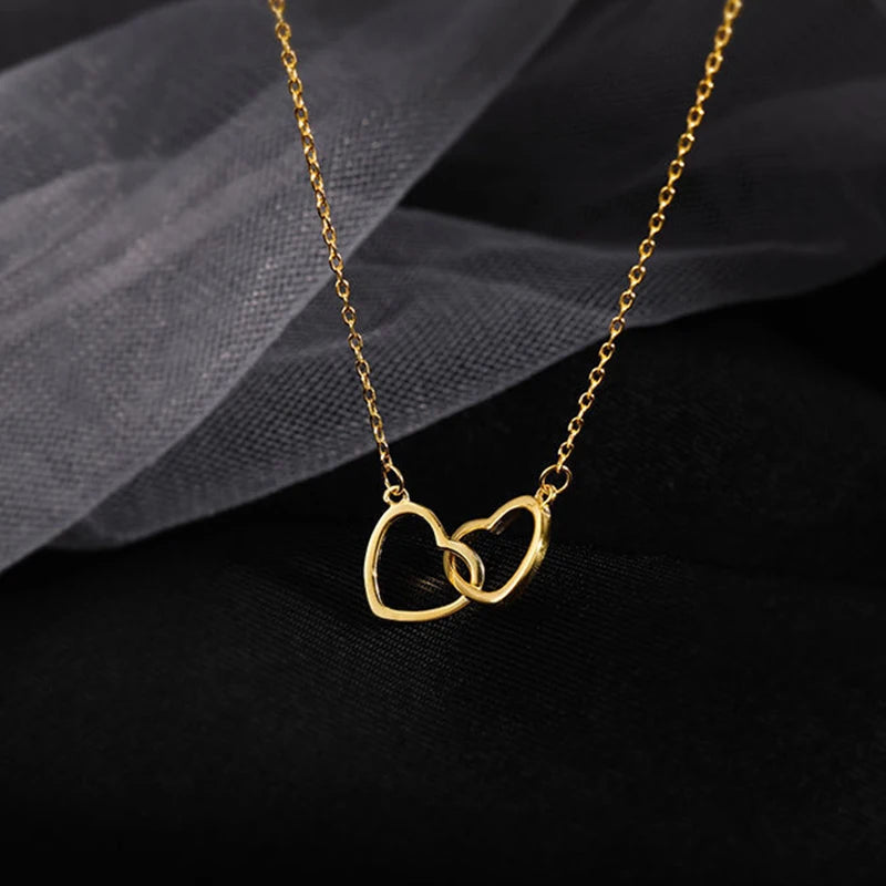 925 Sterling Silver Double Ring Heart Necklace Female