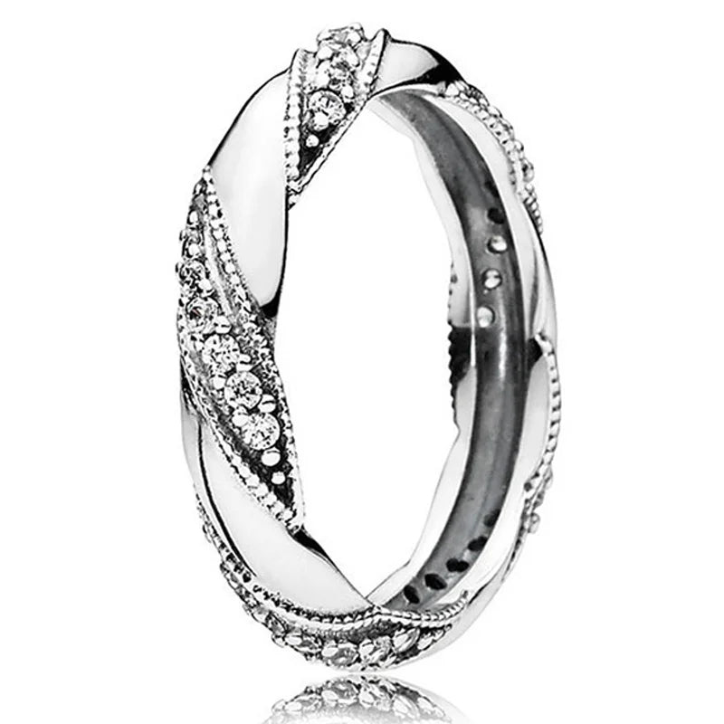 925 Silver Heart Eternity Rope Band Ring Asymmetric Stars Leaves