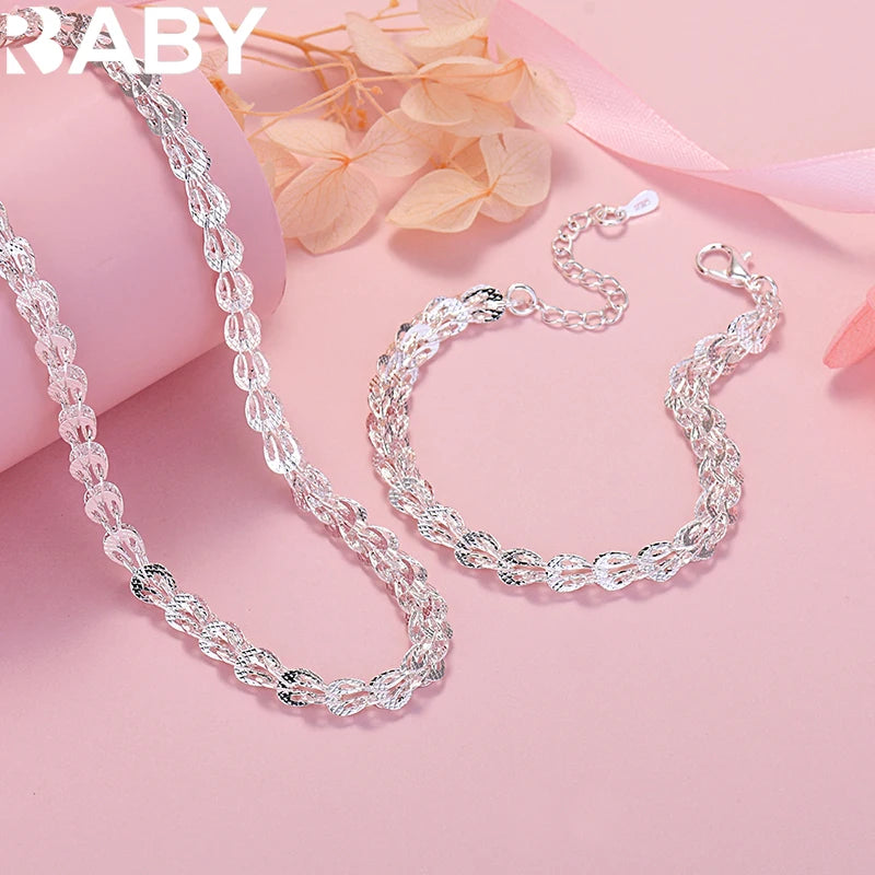 925 Sterling Silver Engraved Chain Bracelet Necklace Set