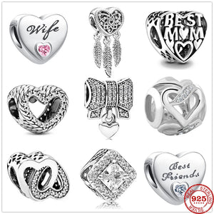 925 Silver Family Heart Zirconia Bead Charm Fits Bracelet Jewelry Gift