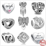 925 Silver Family Heart Zirconia Bead Charm Fits Bracelet Jewelry Gift