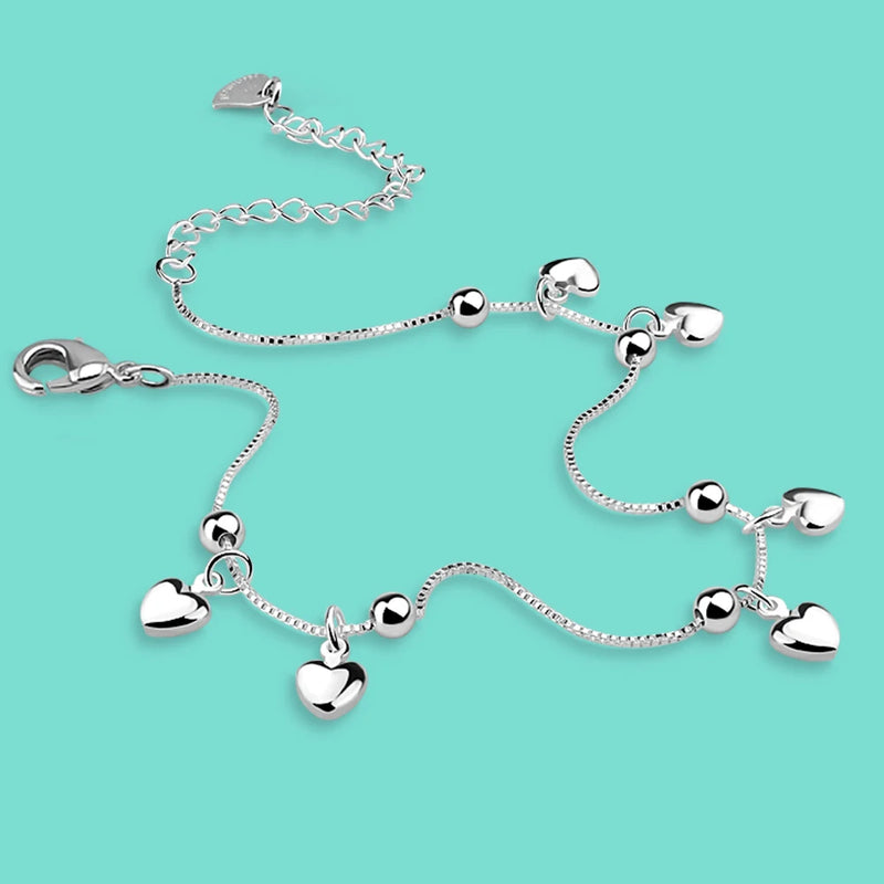 925 Silver Female Anklet Heart Pendant Bracelet Chain Summer Beach Jewelry