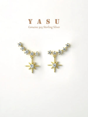 925 Silver French Crystal Star Stud Earrings Sparkling Women 18k Plated Jewelry