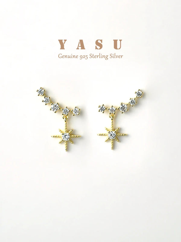 925 Silver French Crystal Star Stud Earrings Sparkling Women 18k Plated Jewelry
