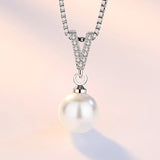 925 Silver Freshwater Pearl CZ Pendant Necklace V Rhinestone Drop