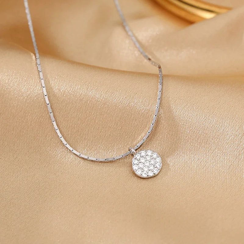 925 Sterling Silver Zircon Disc Choker Necklace Round Pendant Snake Chain