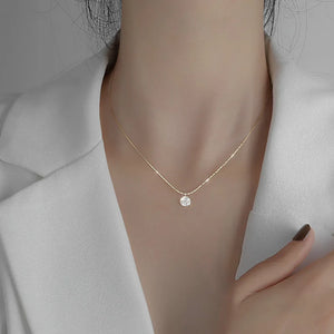 925 Sterling Silver Zircon Disc Choker Necklace Round Pendant Snake Chain
