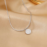 925 Sterling Silver Zircon Disc Choker Necklace Round Pendant Snake Chain