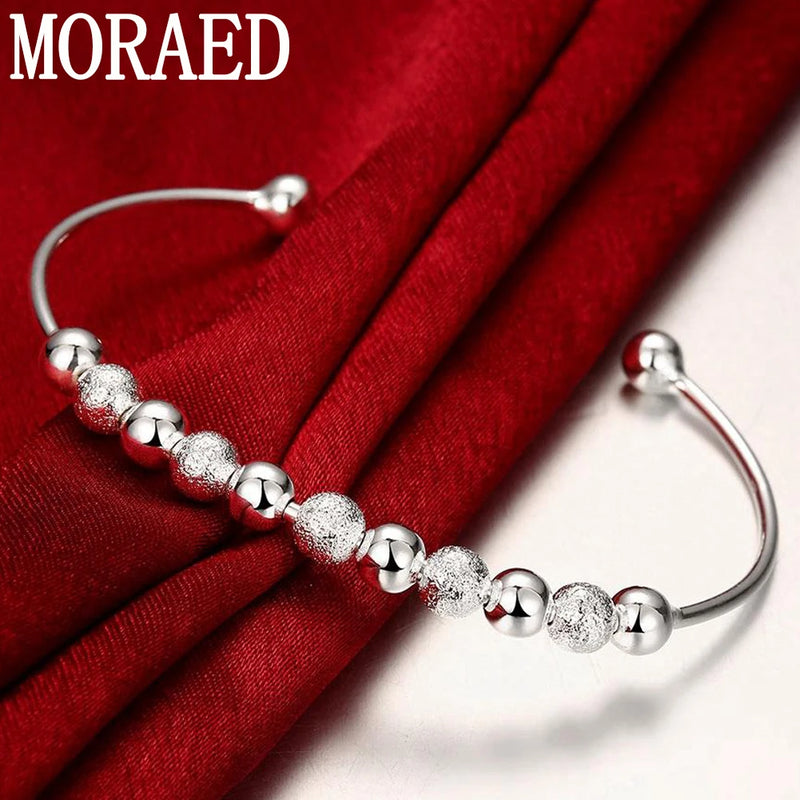 925 Silver Geometric Beads Open Bangles Bracelet