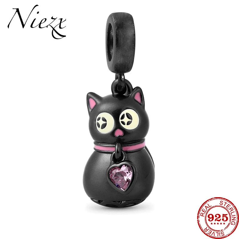 925 Silver Cat Dangle Charm Bead Pendant - Glow-in-the-dark - DIY Jewelry