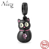 925 Silver Cat Dangle Charm Bead Pendant - Glow-in-the-dark - DIY Jewelry