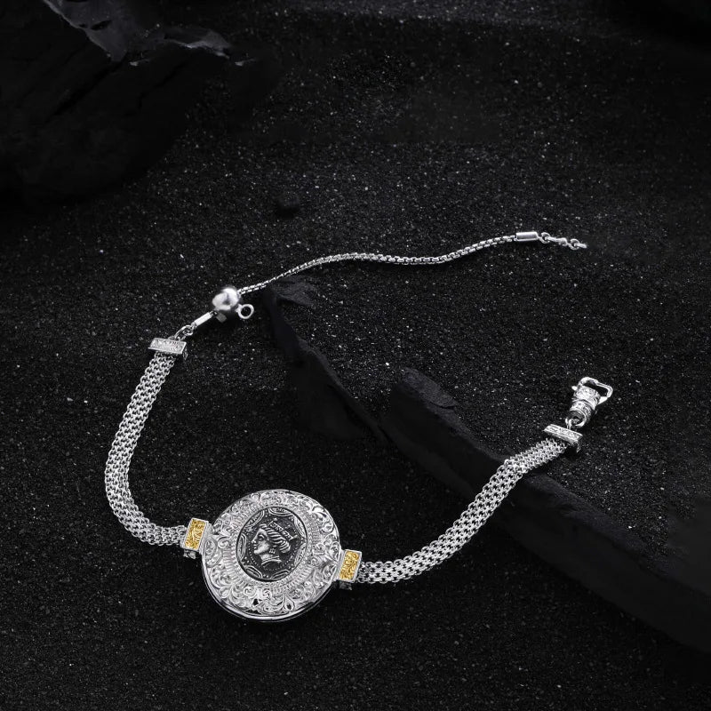 925 Silver Golden Round Pad Vintage Bracelet For Woman Girl