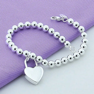 925 Silver Heart Lock Chain Bracelet - 6mm Beads - Christmas Gift