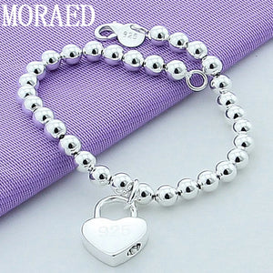 925 Silver Heart Lock Chain Bracelet - 6mm Beads - Christmas Gift