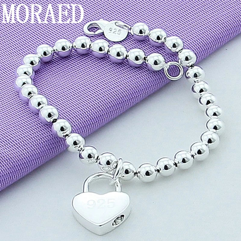 925 Silver Heart Lock Chain Bracelet - 6mm Beads - Christmas Gift