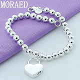 925 Silver Heart Lock Chain Bracelet - 6mm Beads - Christmas Gift