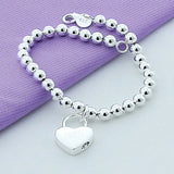 925 Silver Heart Lock Chain Bracelet - 6mm Beads - Christmas Gift