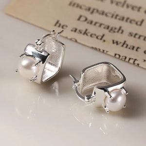 925 Silver Hoop Earrings Cuff Square Pearl Punk Geometric Women Gift