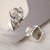 925 Silver Hoop Earrings Cuff Square Pearl Punk Geometric Women Gift
