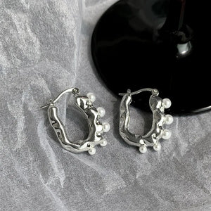 925 Silver Hoop Earrings Pearl Punk Geometric Women Girl Gift