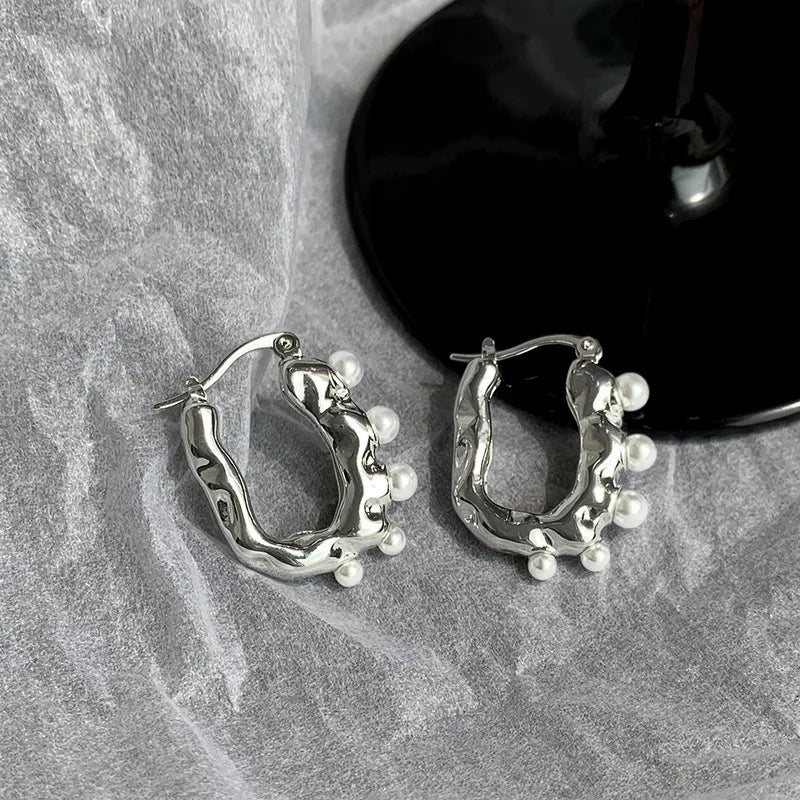 925 Silver Hoop Earrings Pearl Punk Geometric Women Girl Gift