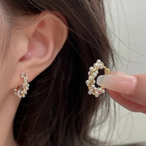 925 Silver Hoop Earrings Pearls Swirl Golden Geometric Jewelry
