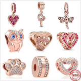 925 Silver Love Hearts Owl Unicorn Rose Charm Bead Pendant Bracelet DIY